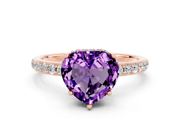 Rose gold Heart Cut Amethyst Solitaire Ring with Pavé Band and Hidden Halo