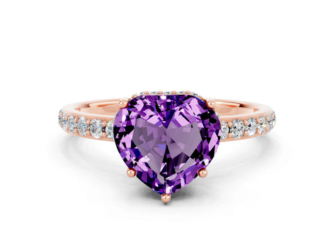 Rose gold Heart Cut Amethyst Solitaire Ring with Pavé Band and Hidden Halo_12