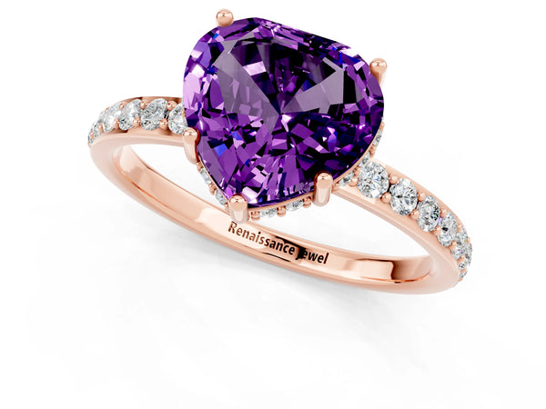 Rose gold Heart Cut Amethyst Solitaire Ring with Pavé Band and Hidden Halo