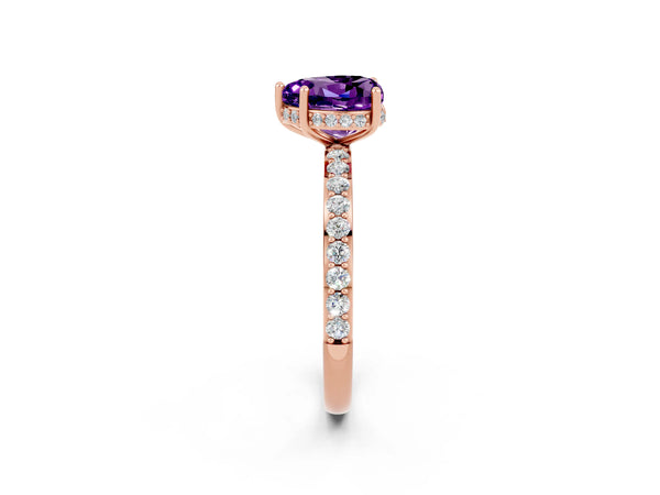 Rose gold Heart Cut Amethyst Solitaire Ring with Pavé Band and Hidden Halo