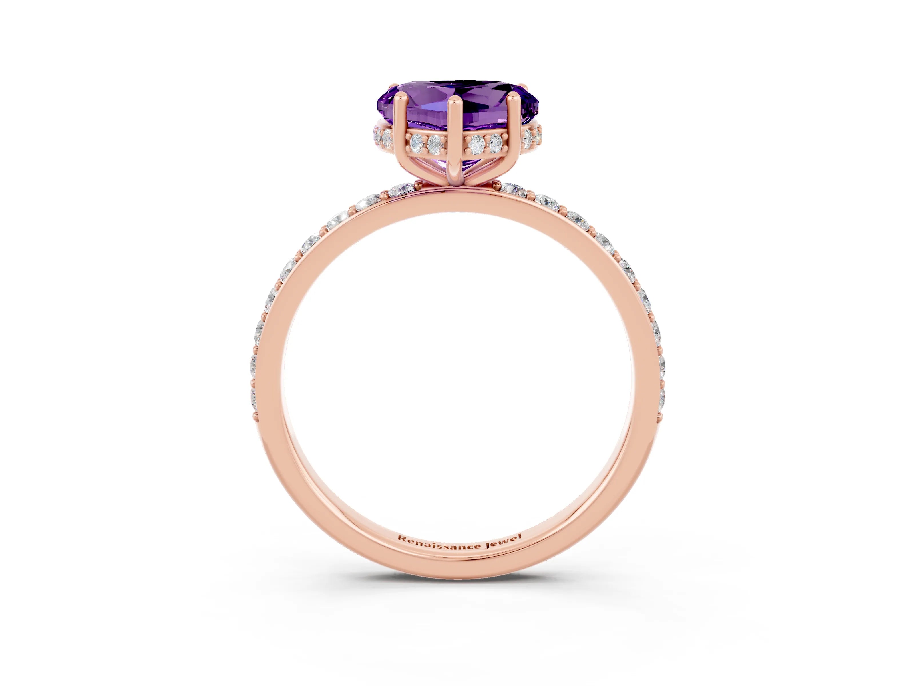 Rose gold Heart Cut Amethyst Solitaire Ring with Pavé Band and Hidden Halo_15