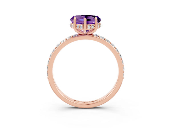 Rose gold Heart Cut Amethyst Solitaire Ring with Pavé Band and Hidden Halo