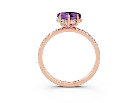 Rose gold Heart Cut Amethyst Solitaire Ring with Pavé Band and Hidden Halo_15