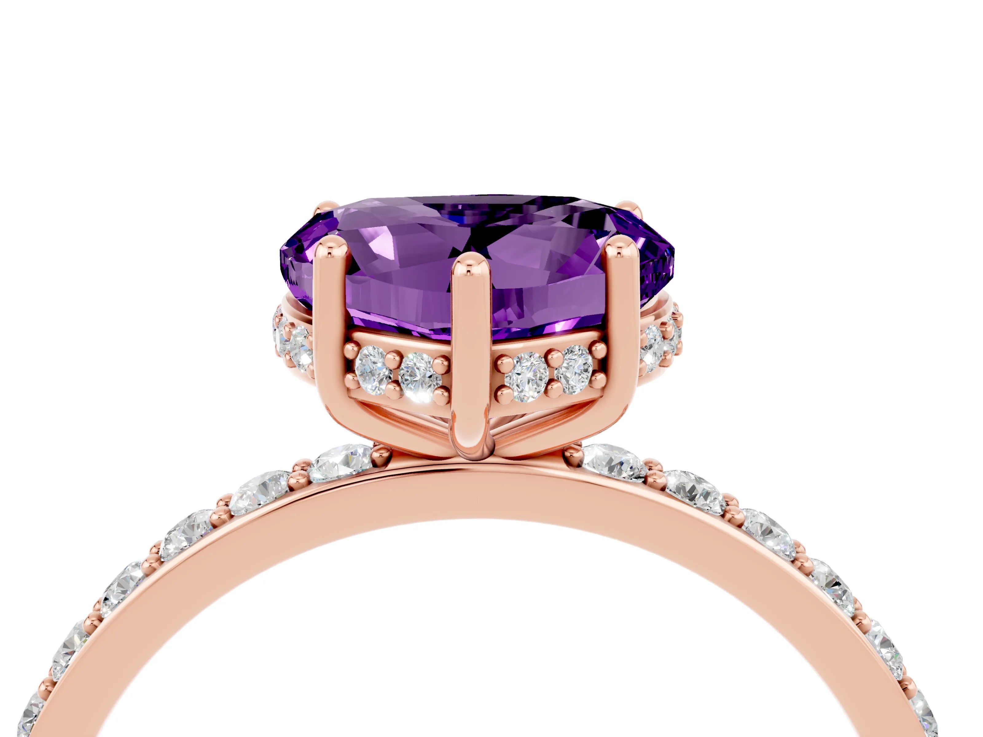 Rose gold Heart Cut Amethyst Solitaire Ring with Pavé Band and Hidden Halo_16