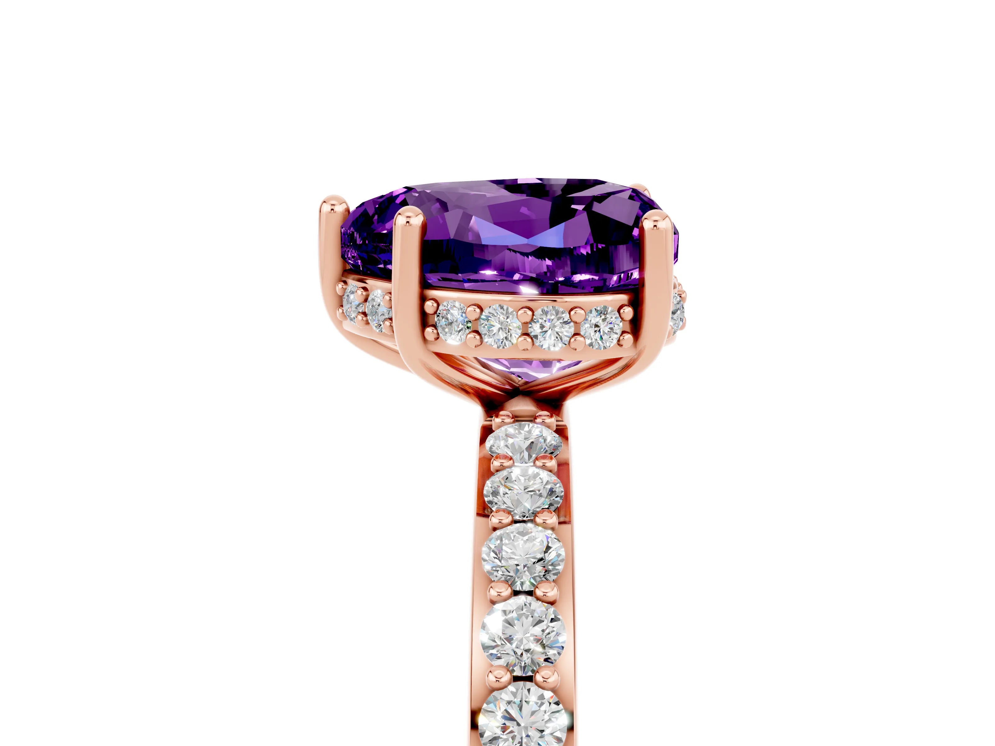 Rose gold Heart Cut Amethyst Solitaire Ring with Pavé Band and Hidden Halo_17