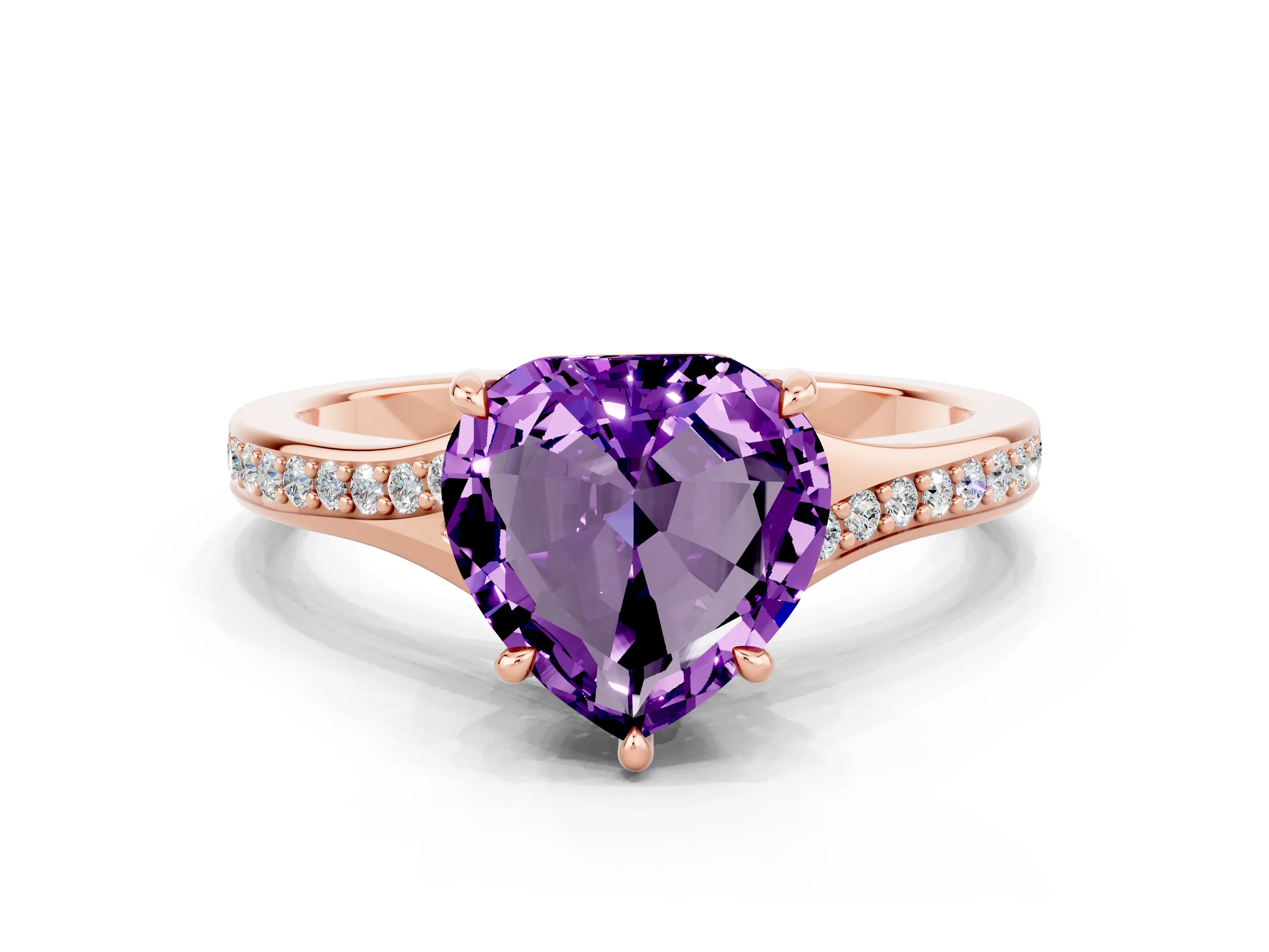 Rose gold Heart Cut Amethyst Solitaire Ring with Pavé Band and Prong Setting