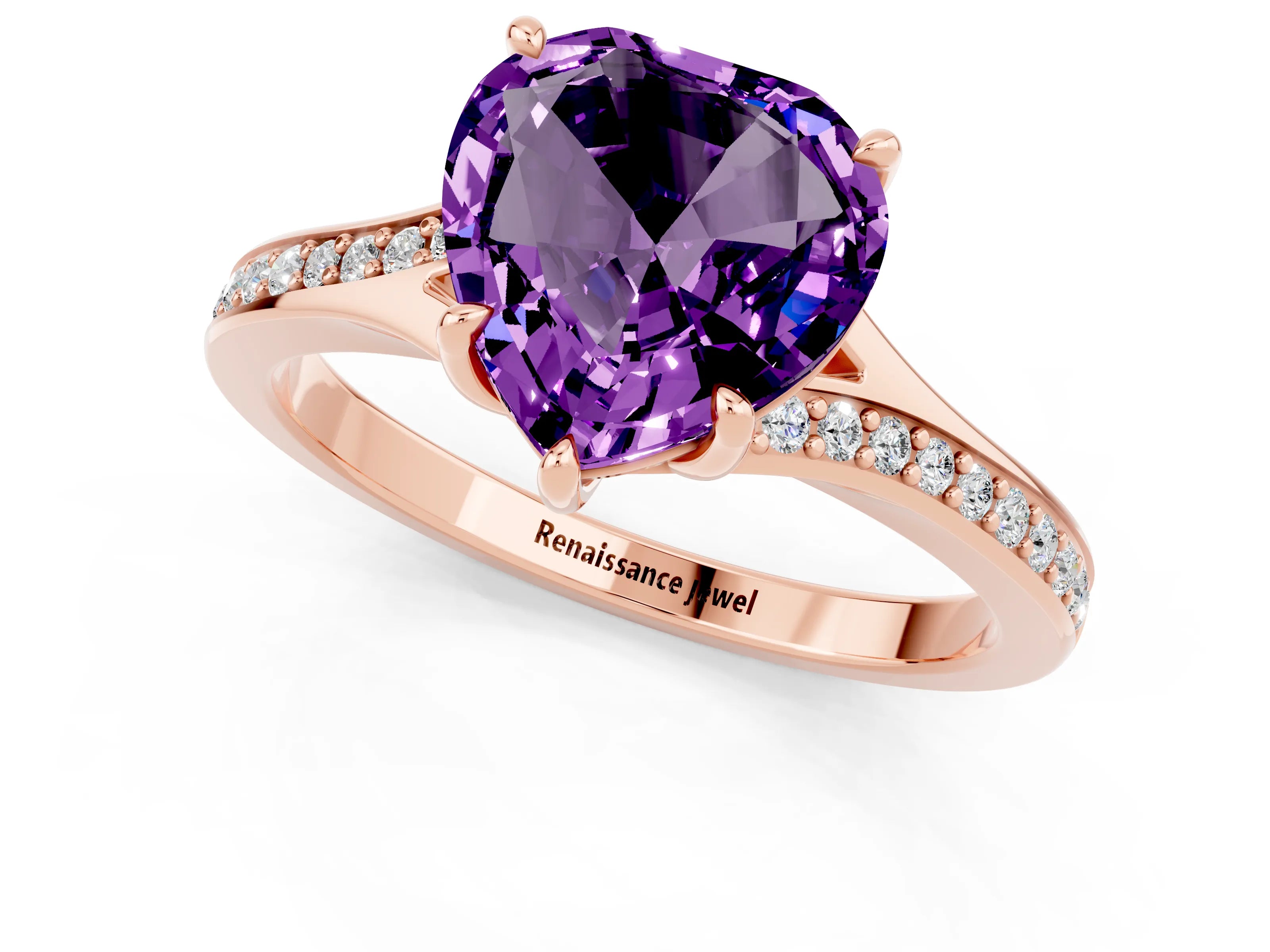 Rose gold Heart Cut Amethyst Solitaire Ring with Pavé Band and Prong Setting_1
