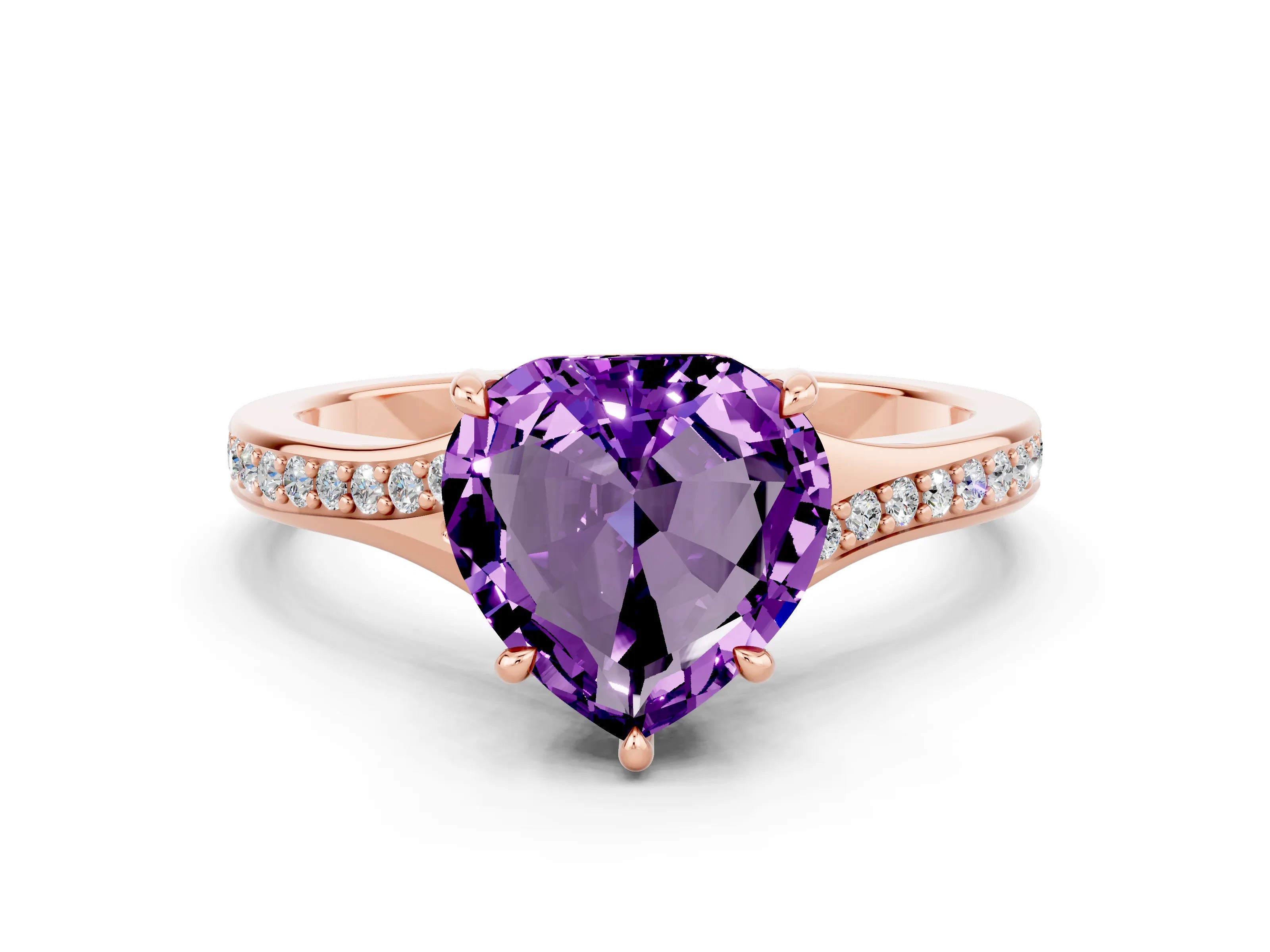 Rose gold Heart Cut Amethyst Solitaire Ring with Pavé Band and Prong Setting_12