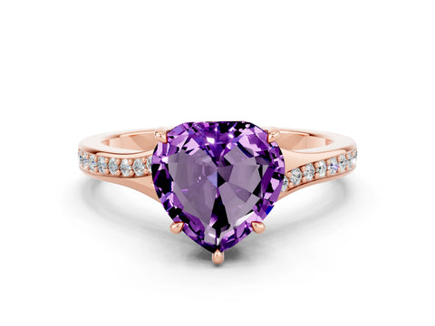 Rose gold Heart Cut Amethyst Solitaire Ring with Pavé Band and Prong Setting_12
