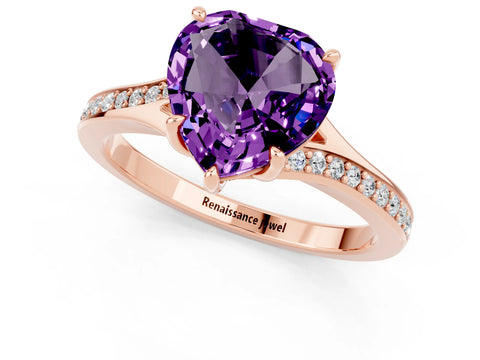 Rose gold Heart Cut Amethyst Solitaire Ring with Pavé Band and Prong Setting_13