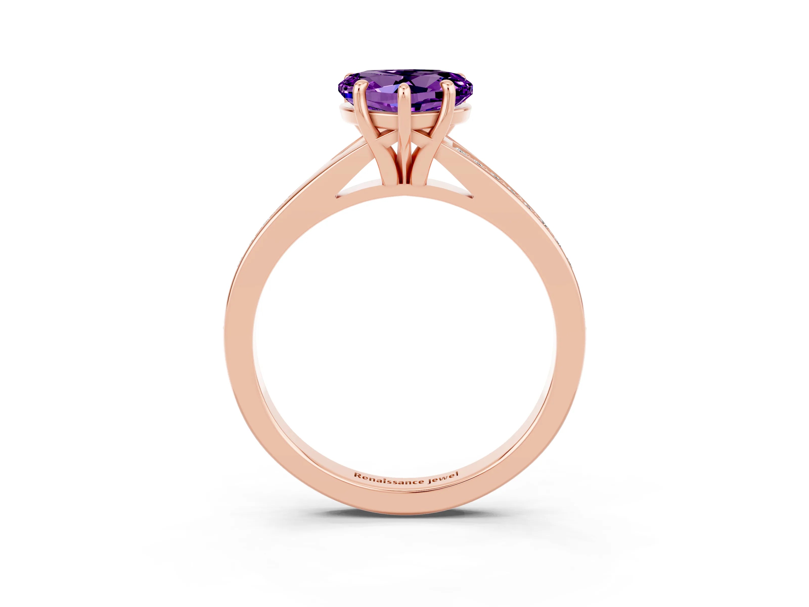 Rose gold Heart Cut Amethyst Solitaire Ring with Pavé Band and Prong Setting_15