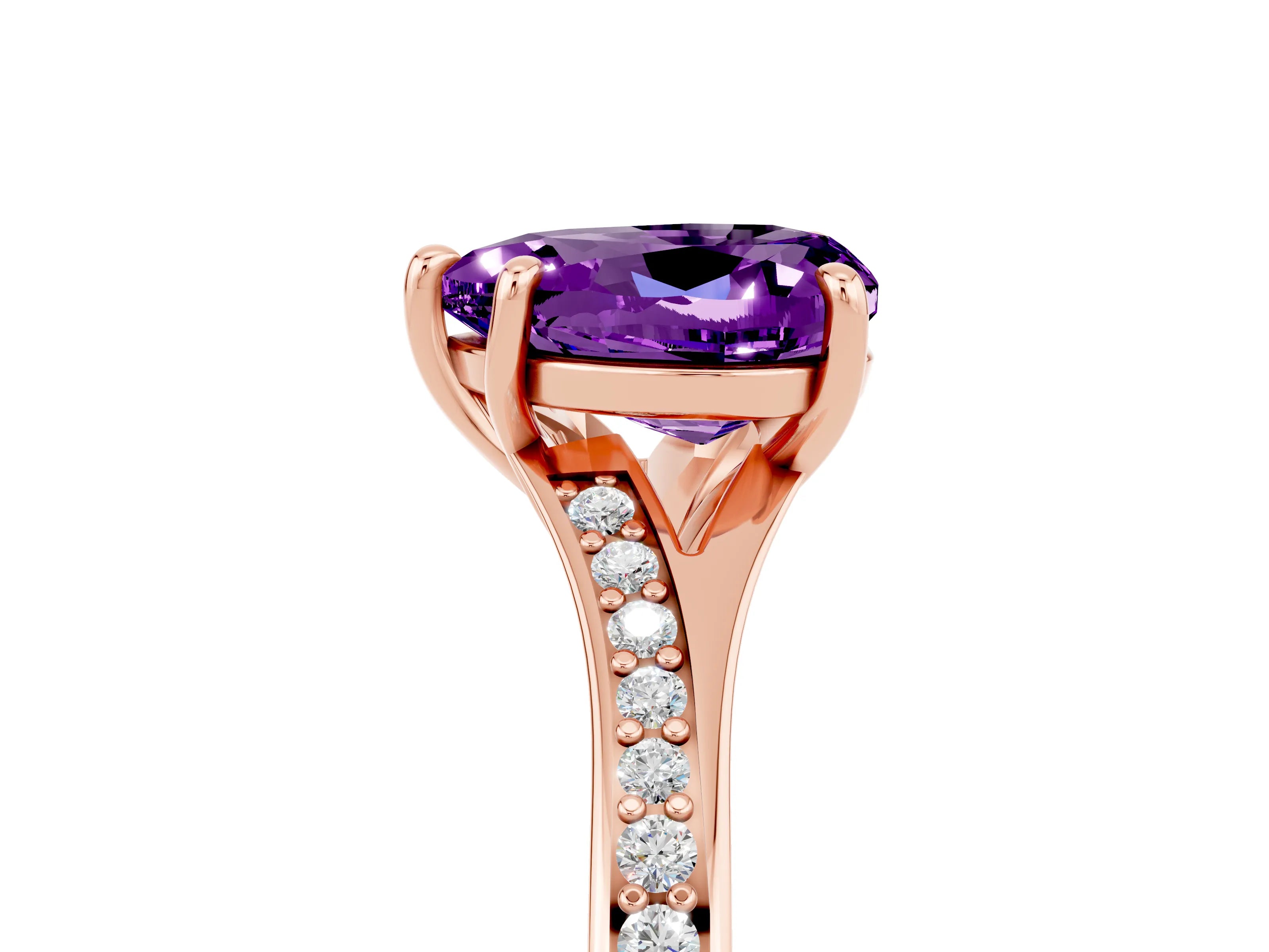 Rose gold Heart Cut Amethyst Solitaire Ring with Pavé Band and Prong Setting_17