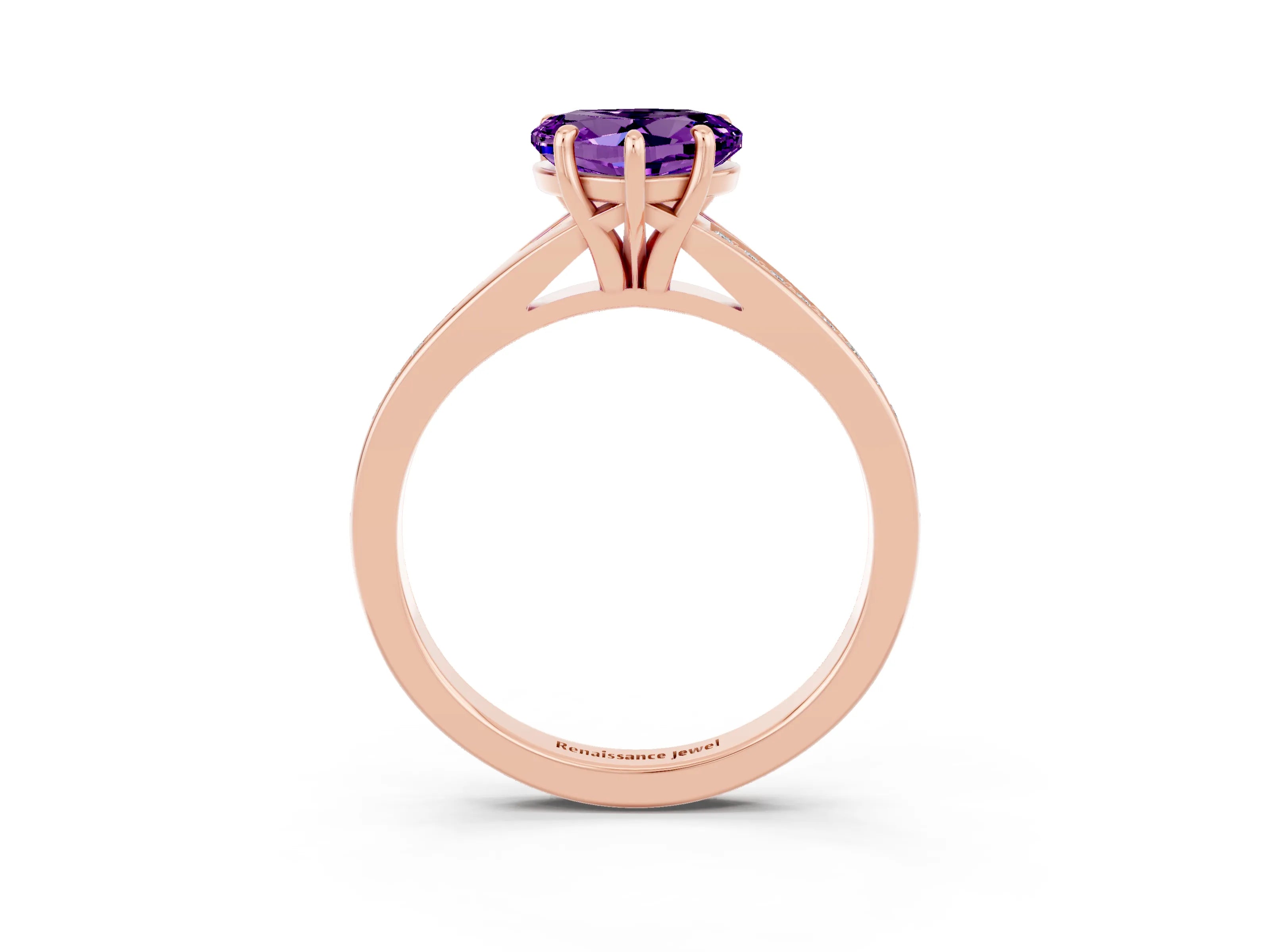 Rose gold Heart Cut Amethyst Solitaire Ring with Pavé Band and Prong Setting_3