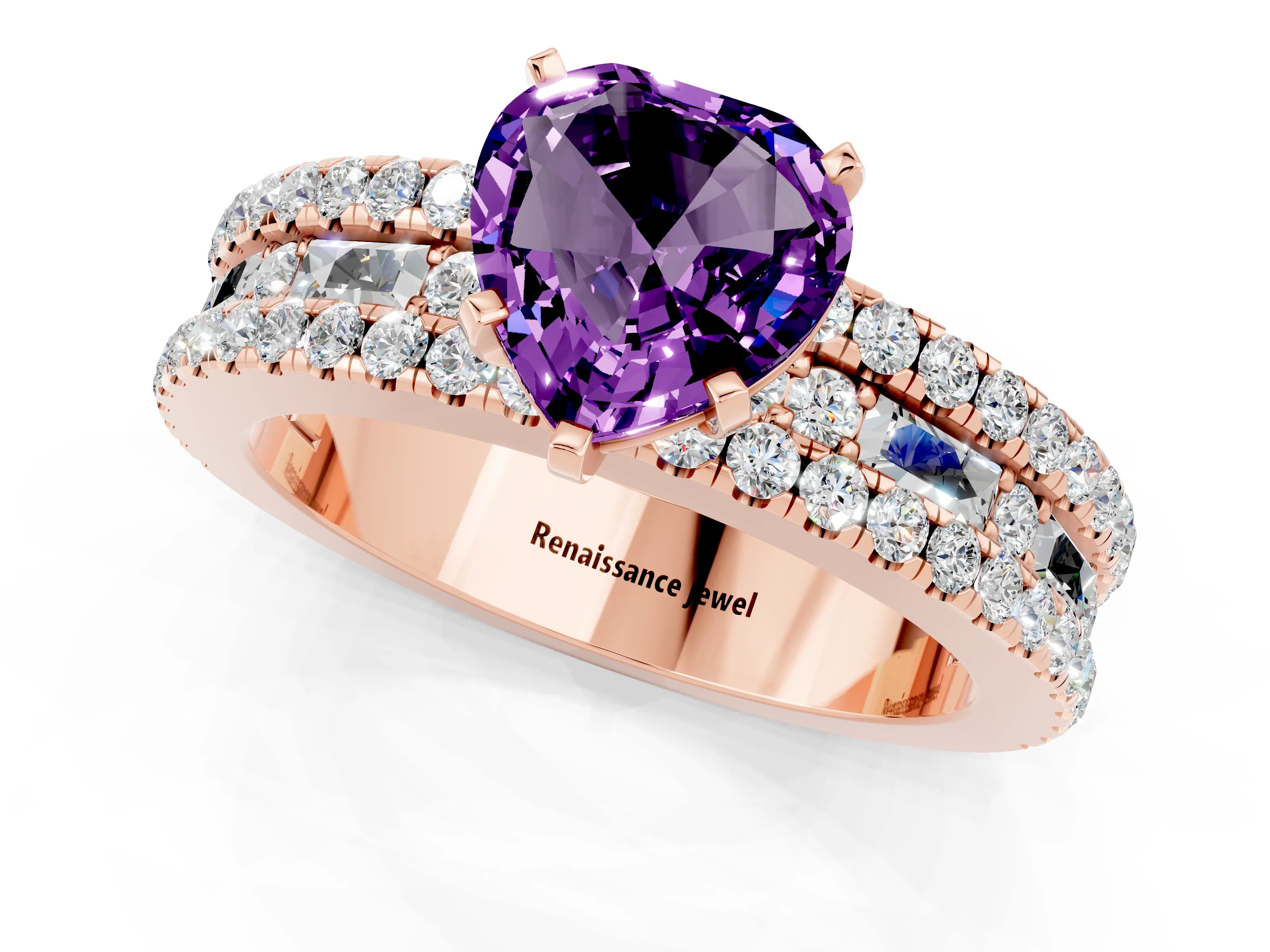 Rose gold Heart Cut Amethyst Solitaire Ring with Pavé and Channel Set Band_1