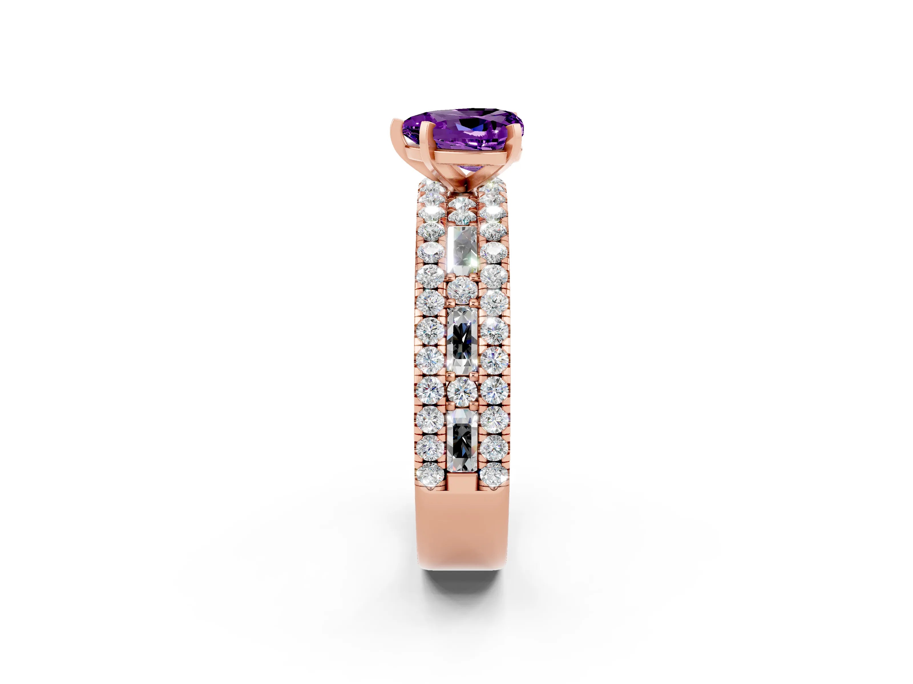 Rose gold Heart Cut Amethyst Solitaire Ring with Pavé and Channel Set Band_2