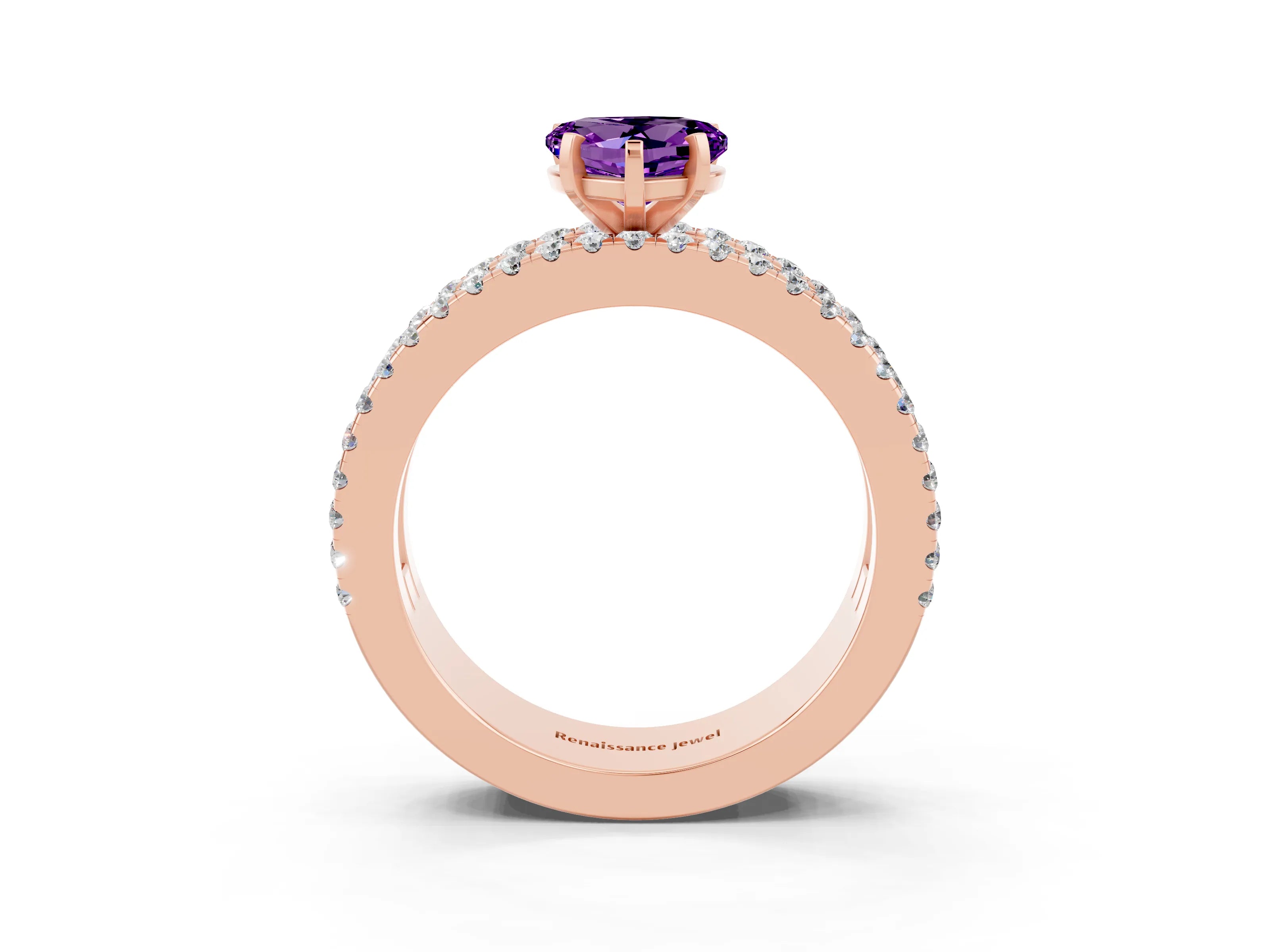 Rose gold Heart Cut Amethyst Solitaire Ring with Pavé and Channel Set Band_3