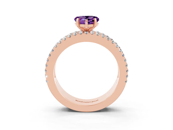 Rose gold Heart Cut Amethyst Solitaire Ring with Pavé and Channel Set Band