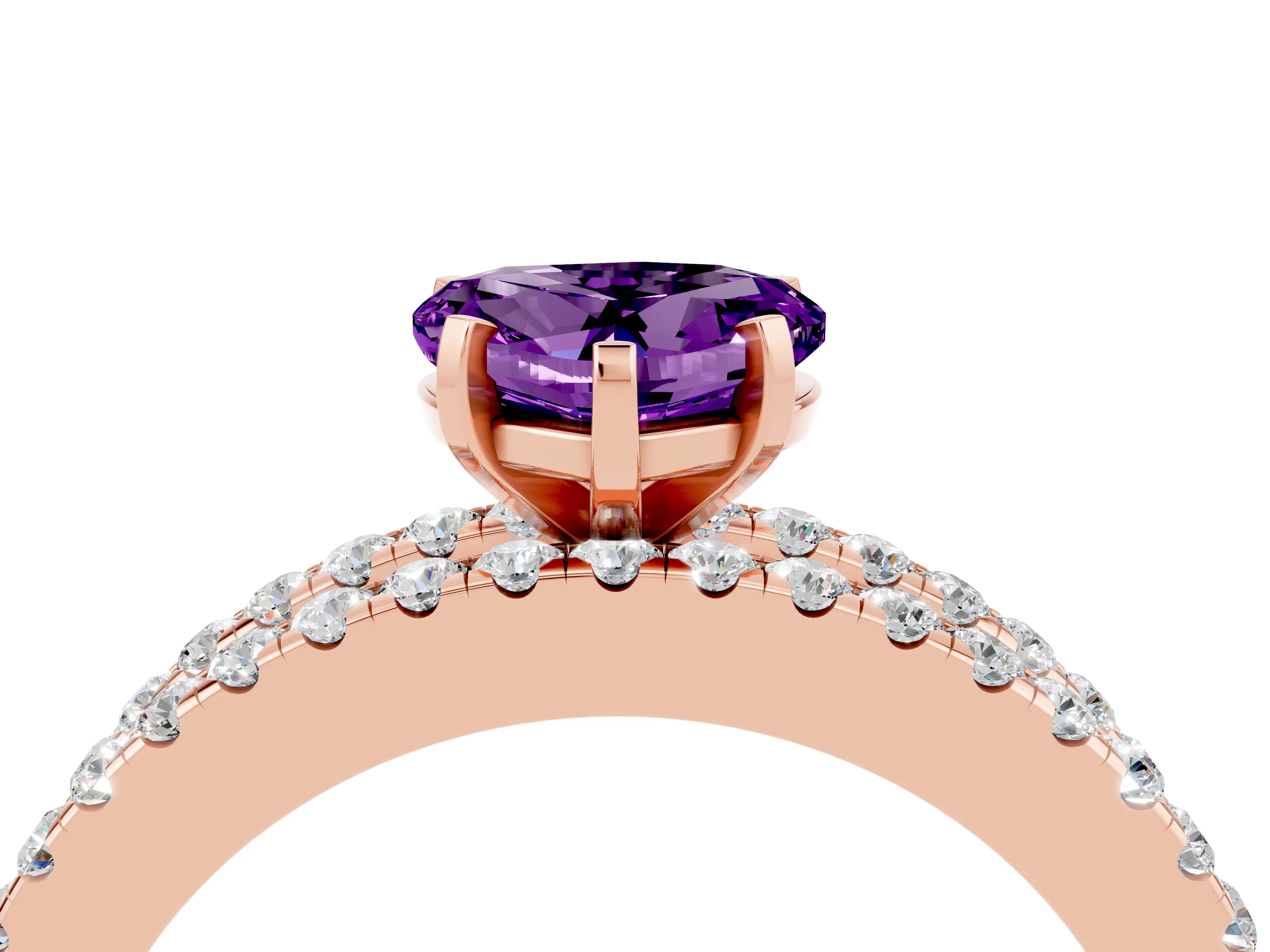 Rose gold Heart Cut Amethyst Solitaire Ring with Pavé and Channel Set Band_4