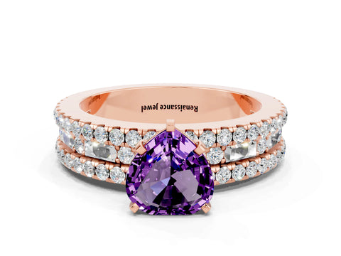 Rose gold Heart Cut Amethyst Solitaire Ring with Pavé and Channel Set Band