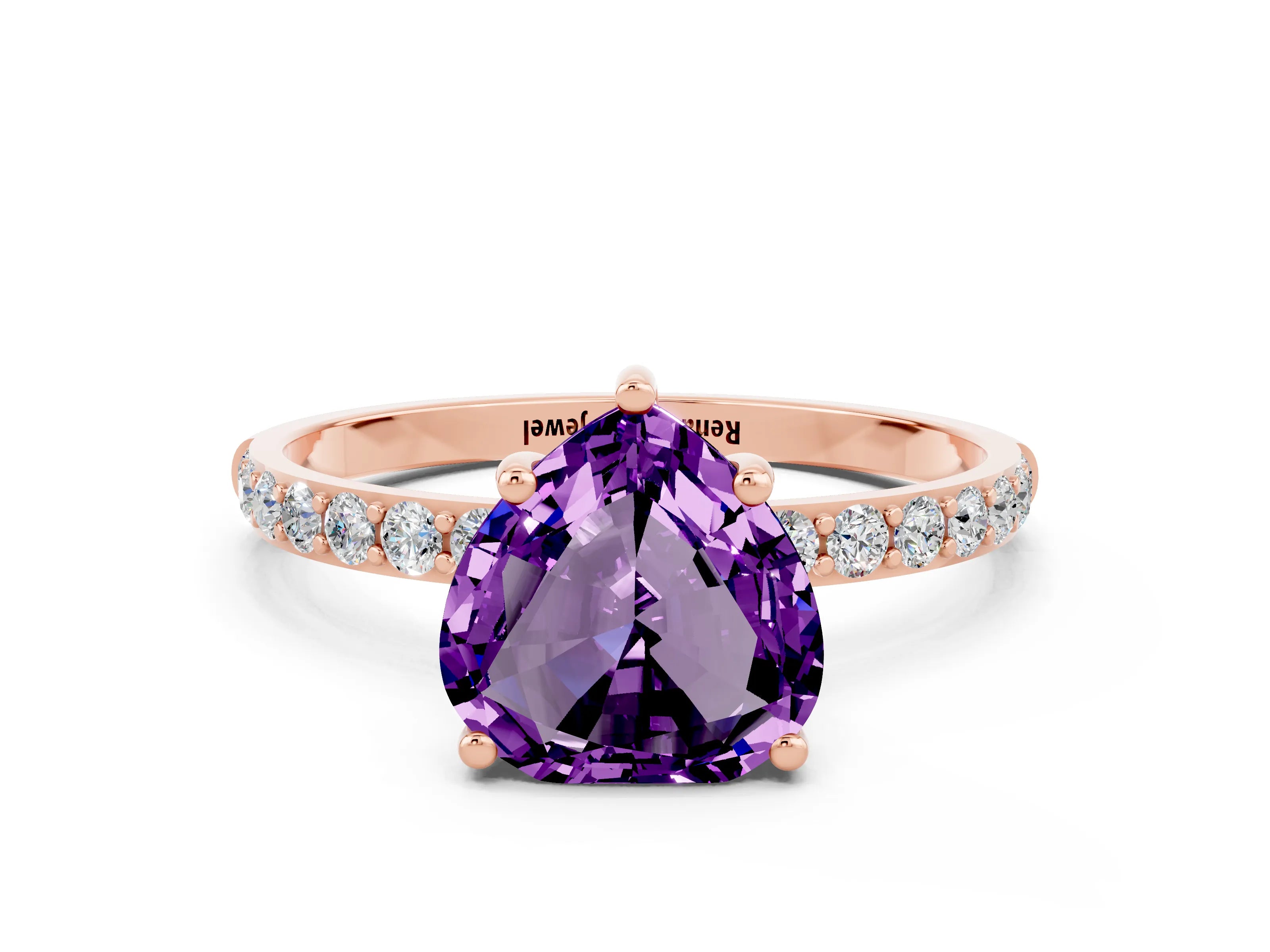 Rose gold Heart Cut Amethyst Solitaire Ring with Pave Band and Four Prong Setting_12