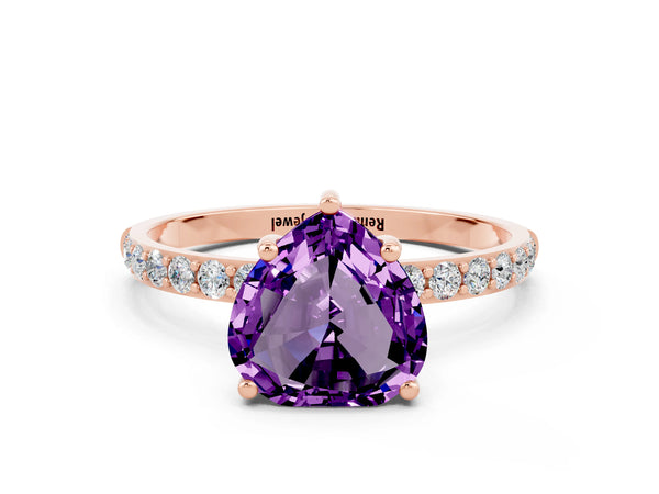 Rose gold Heart Cut Amethyst Solitaire Ring with Round  Pavé Band and Prong Setting