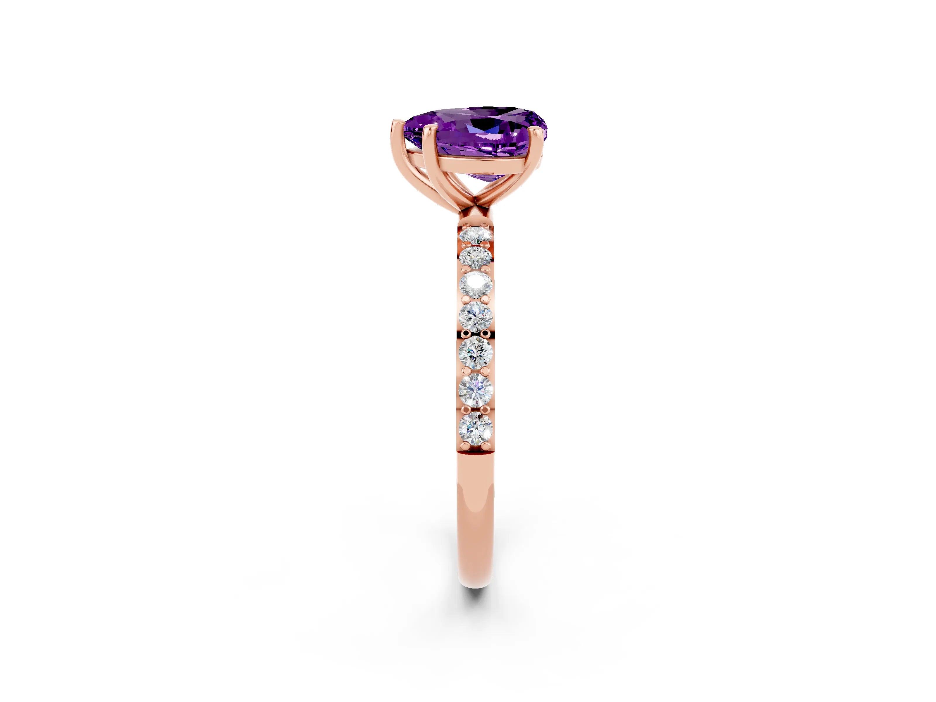 Rose gold Heart Cut Amethyst Solitaire Ring with Pave Band and Four Prong Setting_14