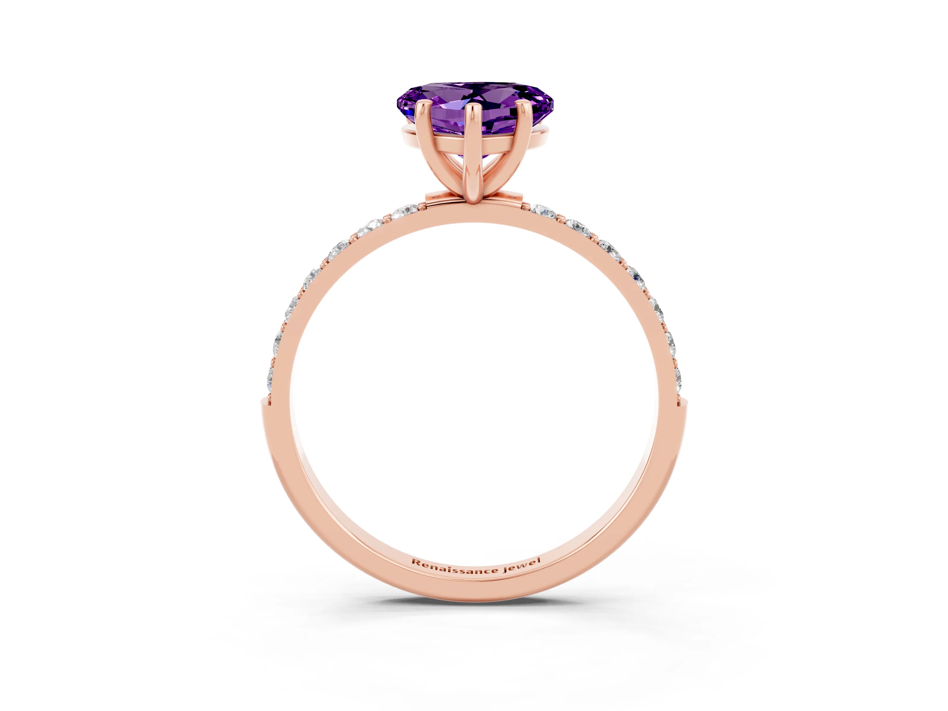 Rose gold Heart Cut Amethyst Solitaire Ring with Pave Band and Four Prong Setting_15