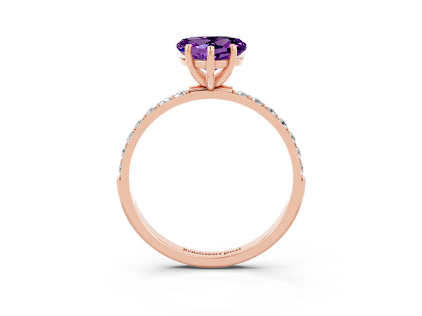 Rose gold Heart Cut Amethyst Solitaire Ring with Round  Pavé Band and Prong Setting