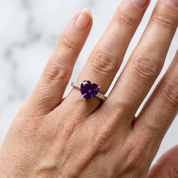 Rose gold Heart Cut Amethyst Solitaire Ring with Round  Pavé Band and Four-Prong Setting