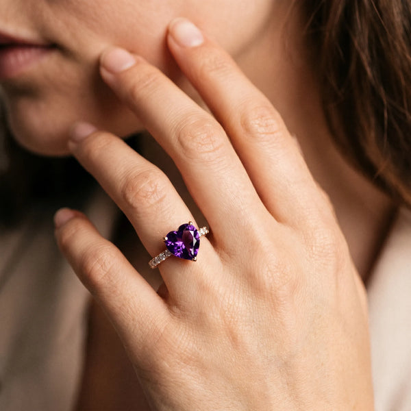 Rose gold Heart Cut Amethyst Solitaire Ring with Round  Pavé Band and Four-Prong Setting