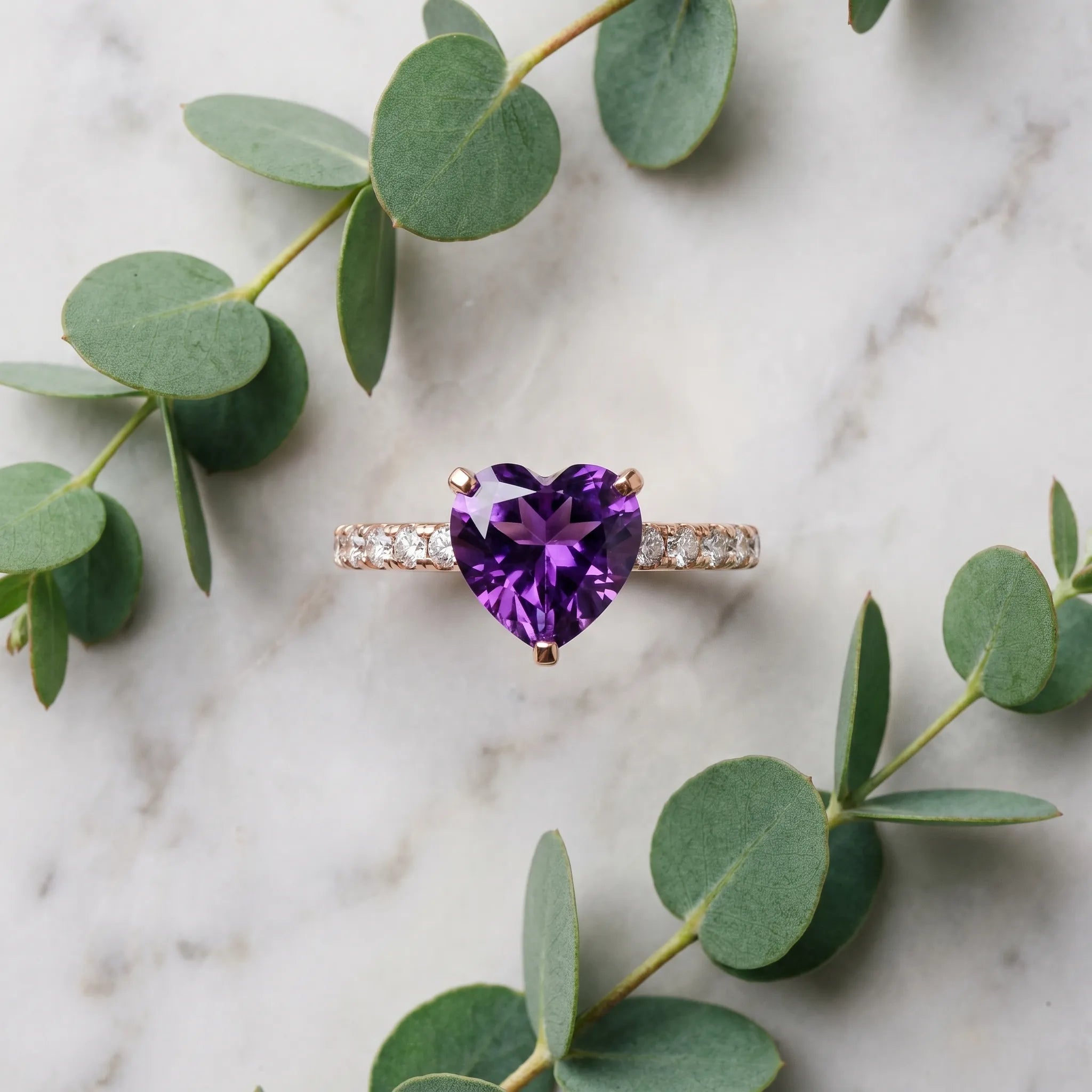 Rose gold Heart Cut Amethyst Solitaire Ring with Round  Pavé Band and Four-Prong Setting_33