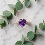 Rose gold Heart Cut Amethyst Solitaire Ring with Round  Pavé Band and Four-Prong Setting_33