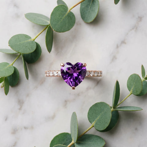 Rose gold Heart Cut Amethyst Solitaire Ring with Round  Pavé Band and Four-Prong Setting_33