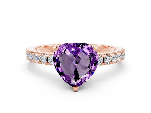 Rose Gold Heart-Shaped Amethyst Hidden Halo Engagement Ring with Pave Band