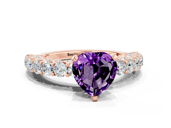 Rose gold Heart Cut Amethyst Solitaire Ring with Shared Prong Pavé Band and Four-Prong Setting