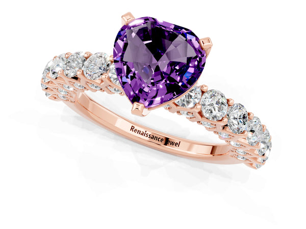 Rose gold Heart Cut Amethyst Solitaire Ring with Shared Prong Pavé Band and Four-Prong Setting