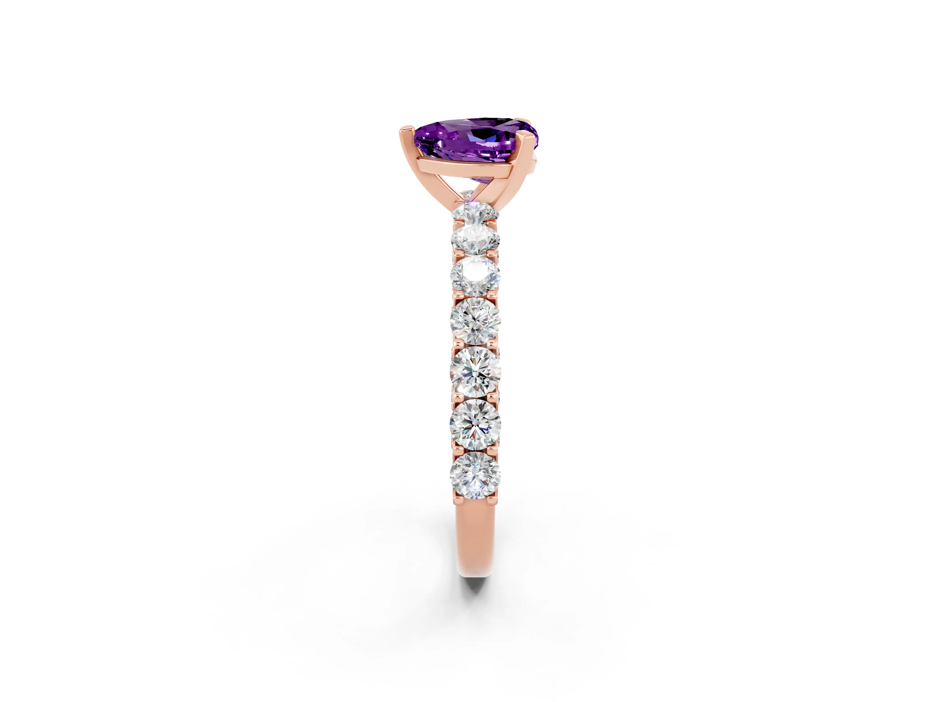 Rose gold Heart Cut Amethyst Solitaire Ring with Shared Prong Pavé Band and Four-Prong Setting_14