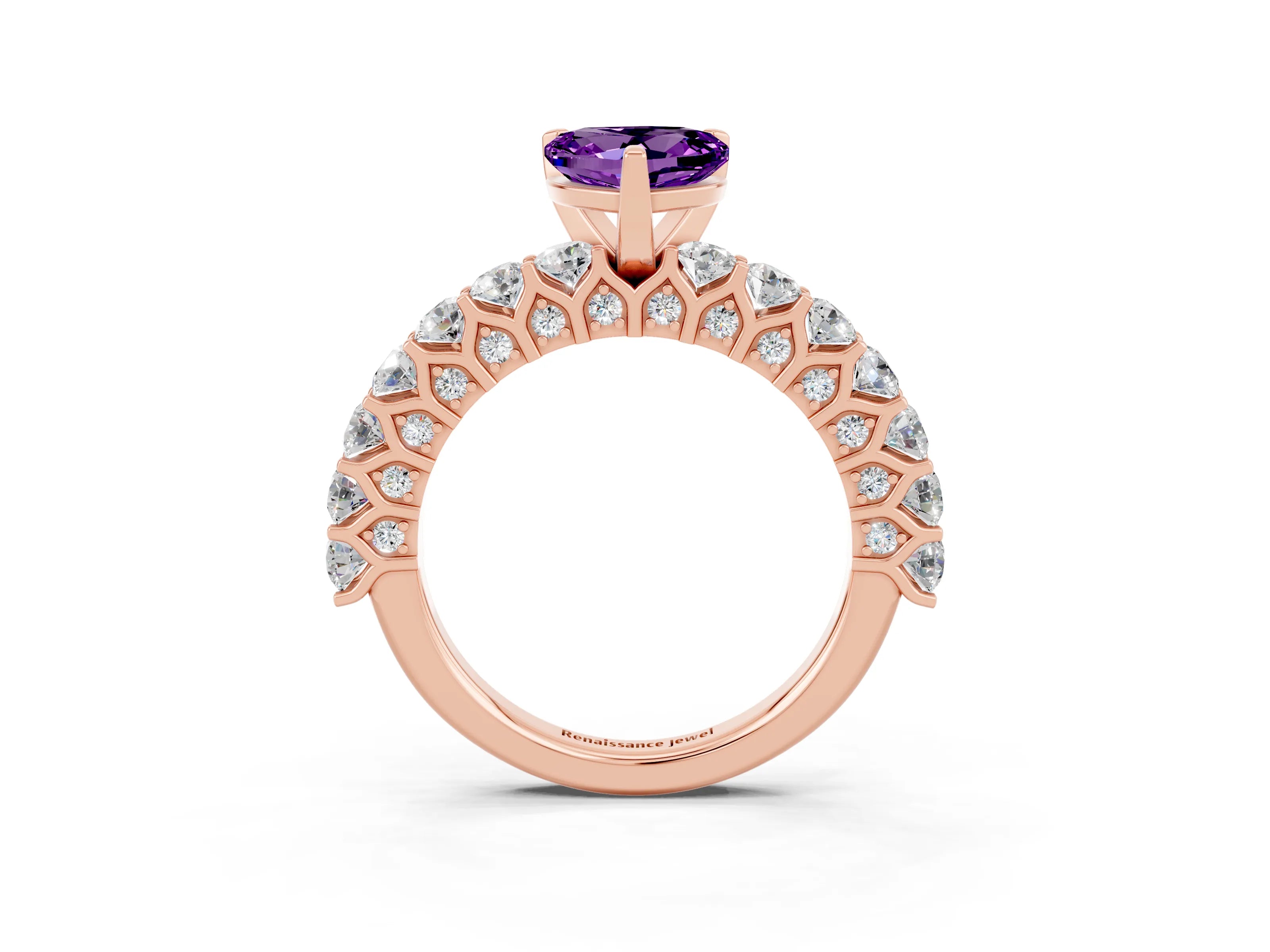 Rose gold Heart Cut Amethyst Solitaire Ring with Shared Prong Pavé Band and Four-Prong Setting_15