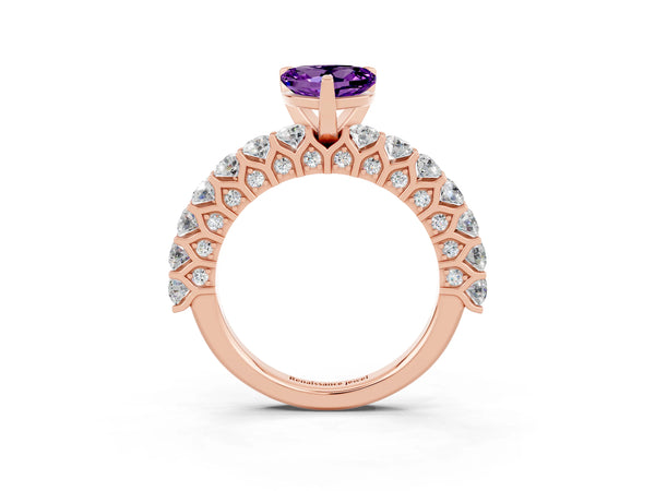 Rose gold Heart Cut Amethyst Solitaire Ring with Shared Prong Pavé Band and Four-Prong Setting