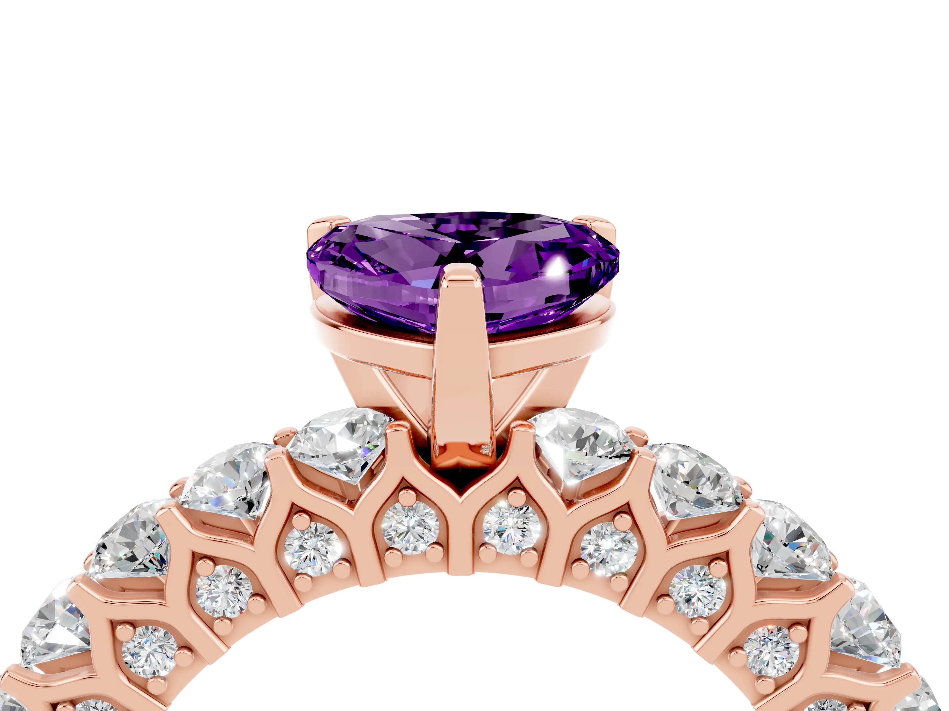 Rose gold Heart Cut Amethyst Solitaire Ring with Shared Prong Pavé Band and Four-Prong Setting_16