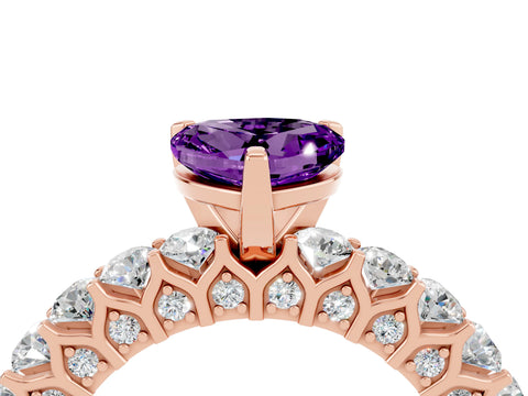 Rose gold Heart Cut Amethyst Solitaire Ring with Shared Prong Pavé Band and Four-Prong Setting_16