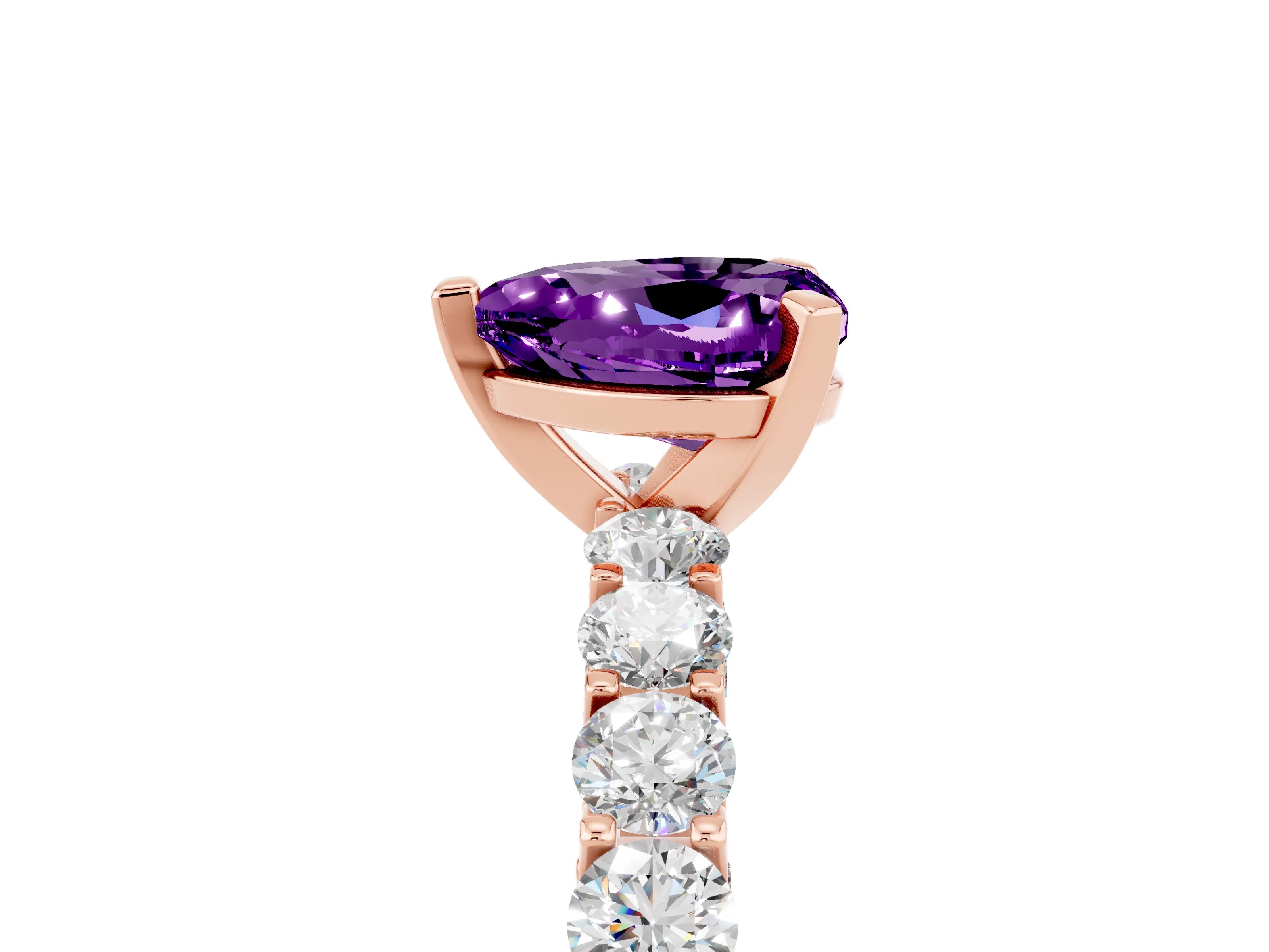Rose gold Heart Cut Amethyst Solitaire Ring with Shared Prong Pavé Band and Four-Prong Setting_17