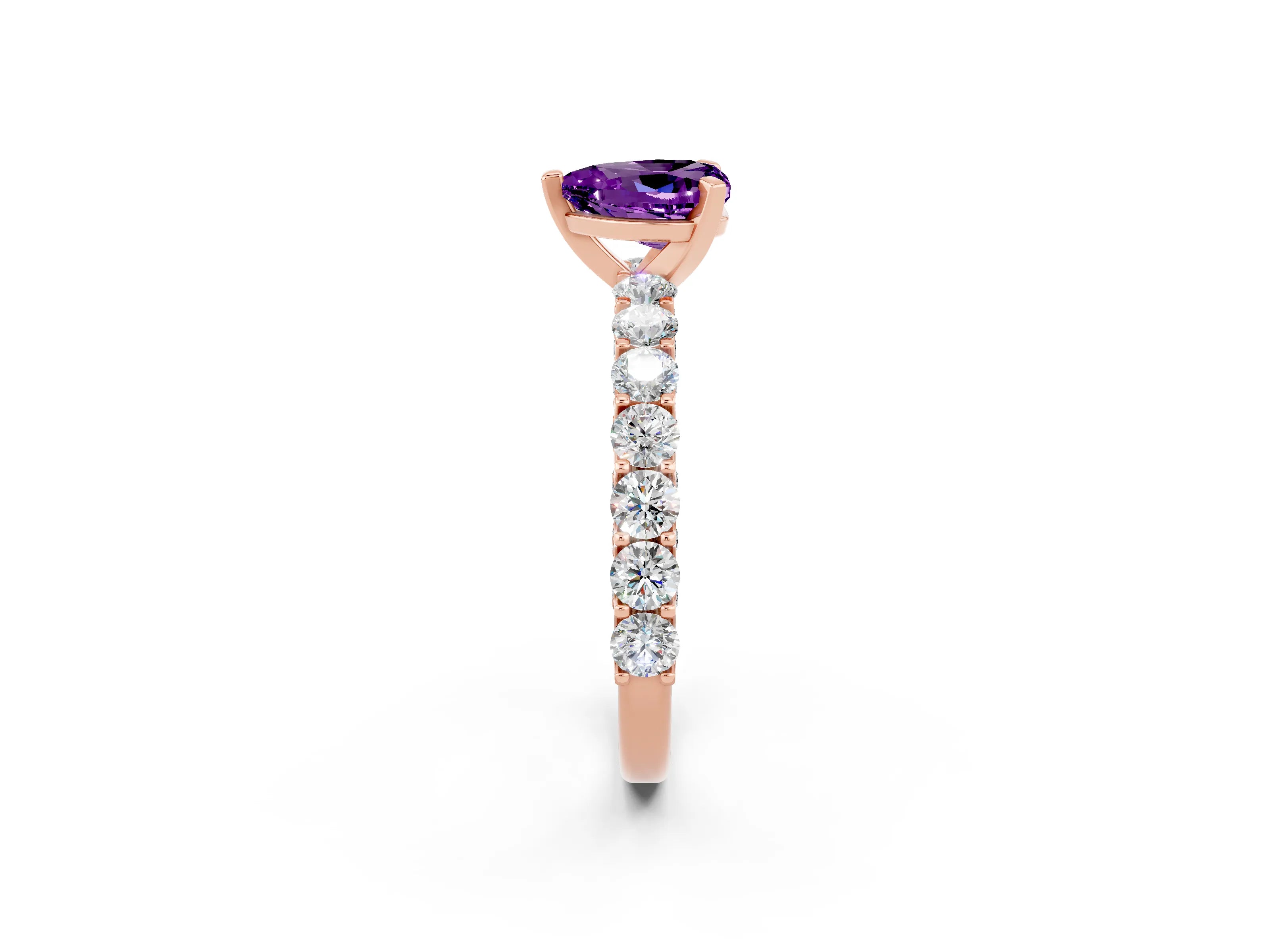 Rose gold Heart Cut Amethyst Solitaire Ring with Shared Prong Pavé Band and Four-Prong Setting_2