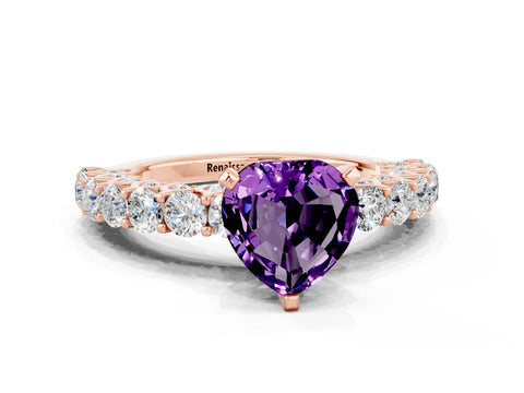Rose gold Heart Cut Amethyst Solitaire Ring with Shared Prong Pavé Band and Four-Prong Setting
