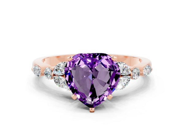 Rose gold Heart Cut Amethyst Solitaire Ring with Side Stones and Four-Prong Setting