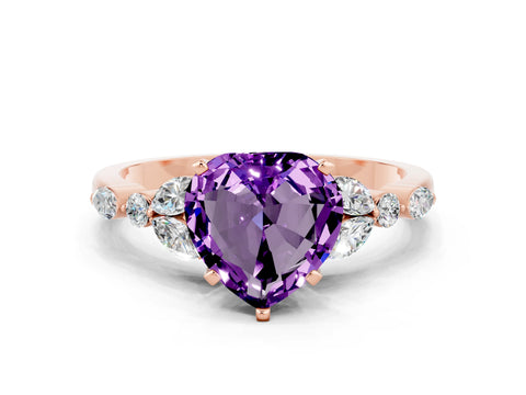 Rose gold Heart Cut Amethyst Solitaire Ring with Side Stones and Four-Prong Setting_12
