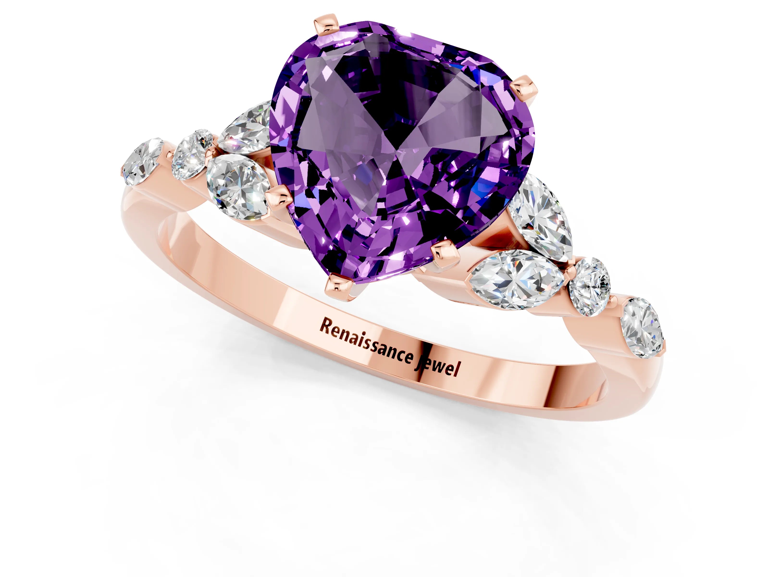 Rose gold Heart Cut Amethyst Solitaire Ring with Side Stones and Four-Prong Setting_13