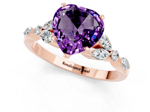 Rose gold Heart Cut Amethyst Solitaire Ring with Side Stones and Four-Prong Setting
