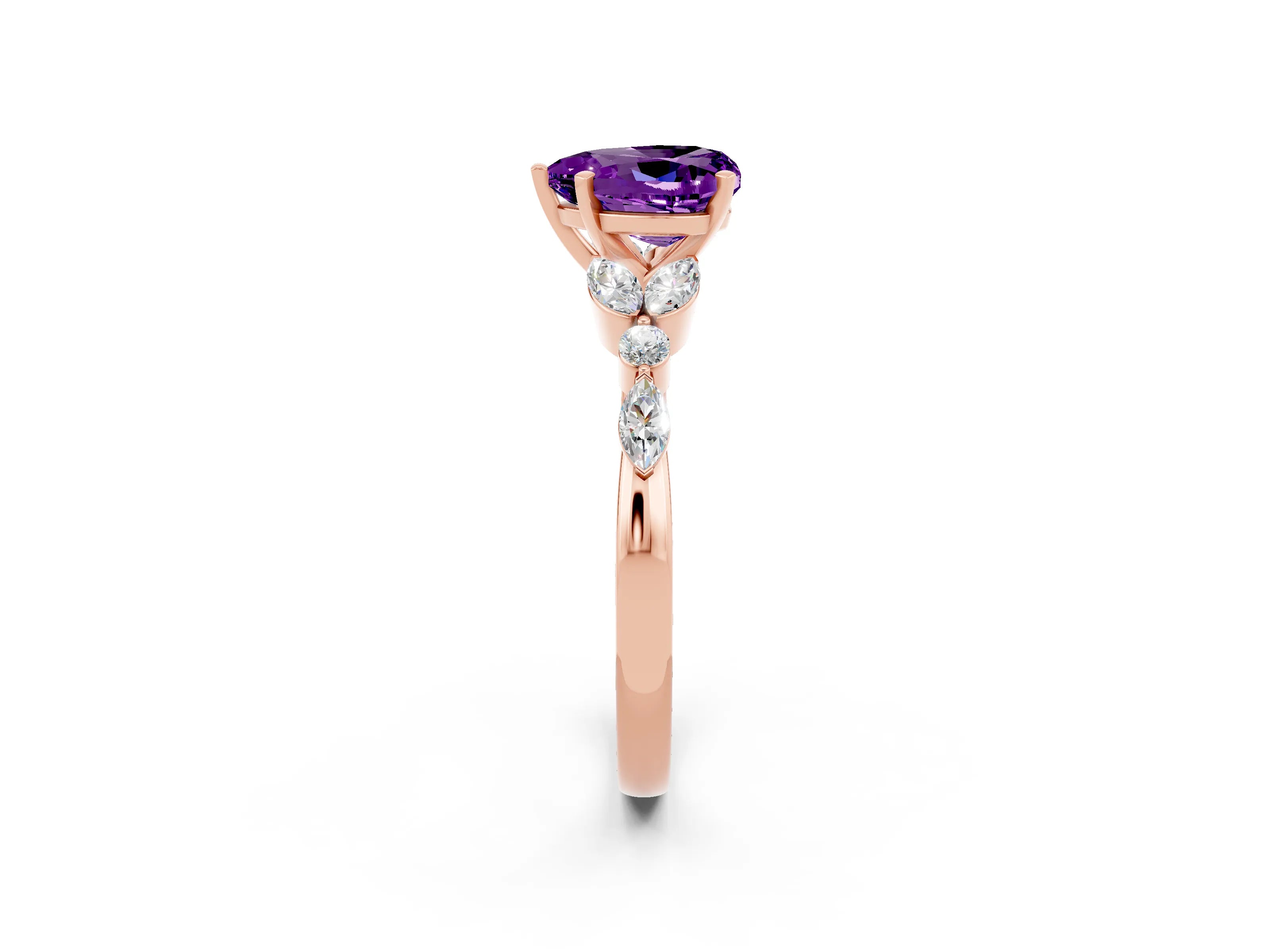 Rose gold Heart Cut Amethyst Solitaire Ring with Side Stones and Four-Prong Setting_14