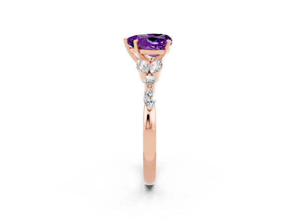 Rose gold Heart Cut Amethyst Solitaire Ring with Side Stones and Four-Prong Setting